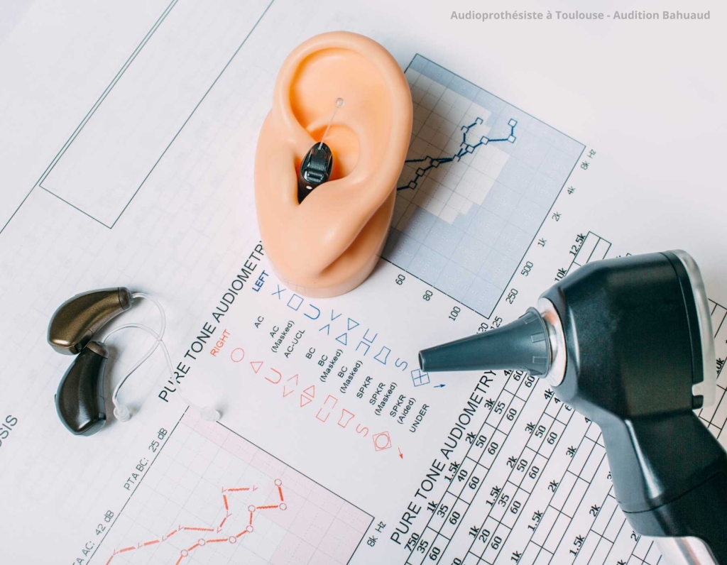 modèle d'une oreille en 3D avec un appareil auditif
