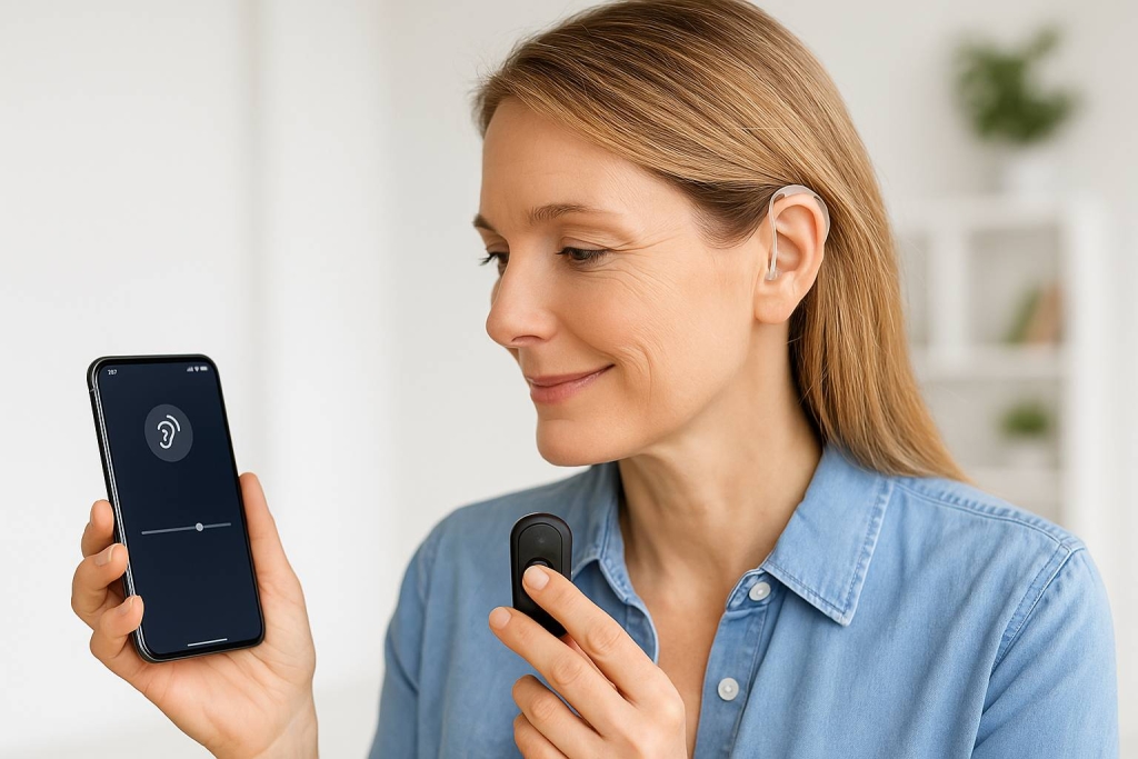 Femme portant un appareil auditif 2025 connecté avec