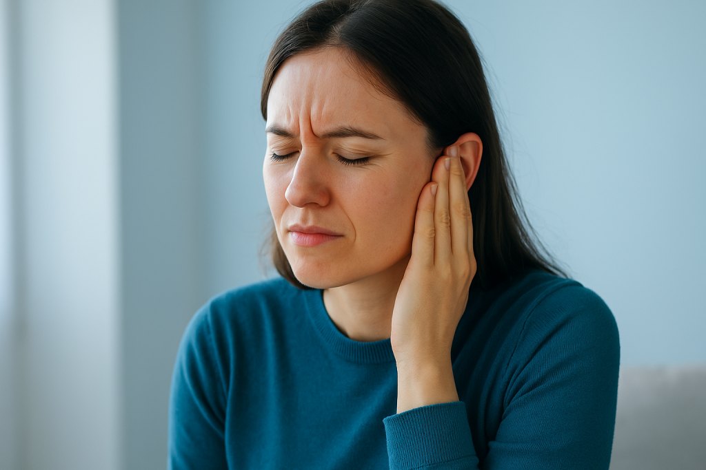 Femme qui se tient l’oreille gauche, souffrant d’un acouphène, dans un environnement lumineux